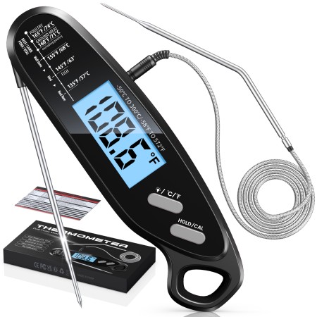 Vuwwey Instant Read Meat Thermometer Digital with Dual Probe, Food Thermometer for Cooking & Grilling, Large Backlit & Calibration, Grill Thermometer for Outside/Kitchen/Oven//Smoker/BBQ/Baking, Black