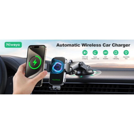 Vuwwey Wireless Car Charger, Auto Clamping Car Phone Holder Charger, 15W Fast Charging Phone Mount for Dash Windshield Vent for iPhone 16 15 14 13 12 11 Pro Max, Samsung Galaxy S24+ S23 Ultra S22 S21+