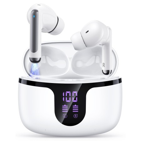 Vuwwey Wireless Earphones, [HiFi Stereo Sound] Bluetooth 5.3 Earbuds, 50H Playtime, Touch Control, Deep Bass Noise Cancelling Mic, Lightweight Headphones Wireless in-Ear with LED Display Charging Case
